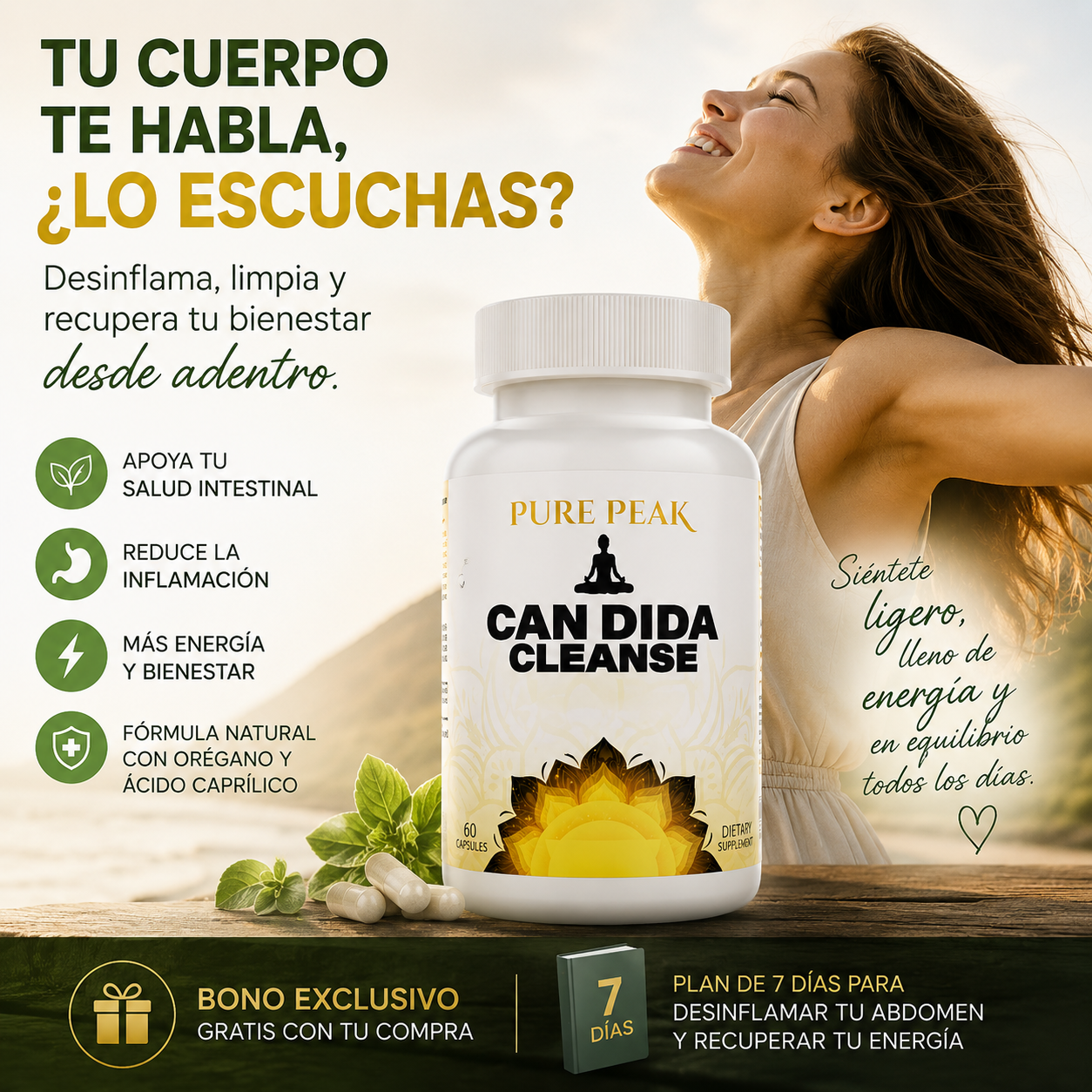 60 Cáps CandidaClean™ – Fórmula con Orégano y Ácido Caprílico | Apoya tu Digestión y Reduce la Inflamación + 🎁 Plan “7 Días para Desinflamar tu Abdomen” GRATIS + Envío Gratis