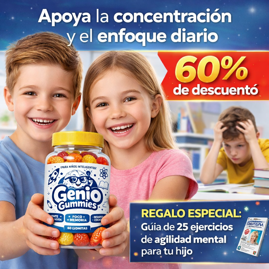 60 Gomitas Genio Gummies™ – Concentración Enfoque y Desarrollo Cognitivo Infantil | Mente Más Ágil, Mejor Memoria y Aprendizaje Diario + 🎁 Guía de 25 Ejercicios de Agilidad Mental para tu Hijo GRATIS + Envío Gratis